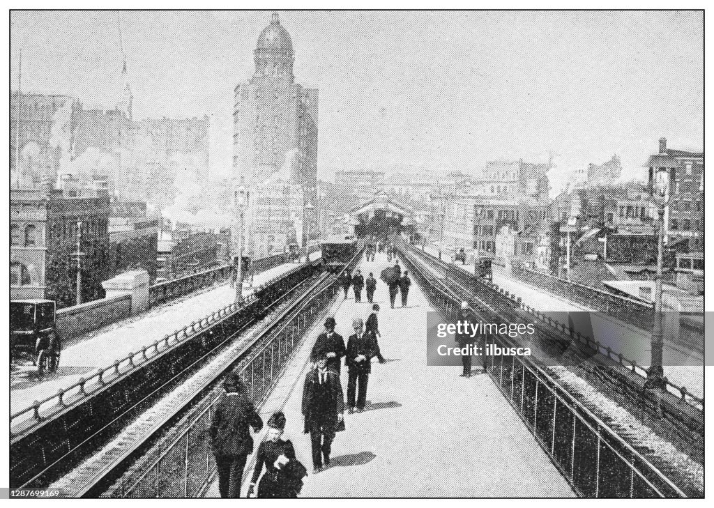 Antique black and white photograph of New York: BROOKLYN BRIDGE PROMENADE