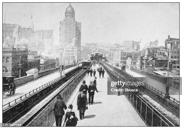 antique black and white photograph of new york: brooklyn bridge promenade - brooklyn shopping stock illustrations