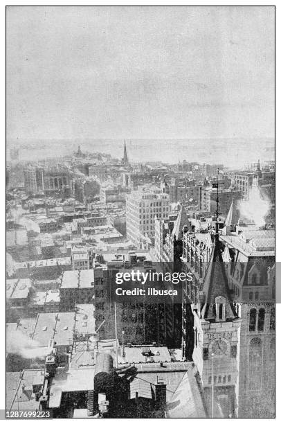 antique black and white photograph of new york: aerial view - brooklyn shopping stock illustrations