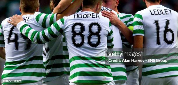 V HJK HELSINKI .CELTIC PARK - GLASGOW.James Forrest , Gary Hooper and Joe Ledley celebrate Celtic's goal.