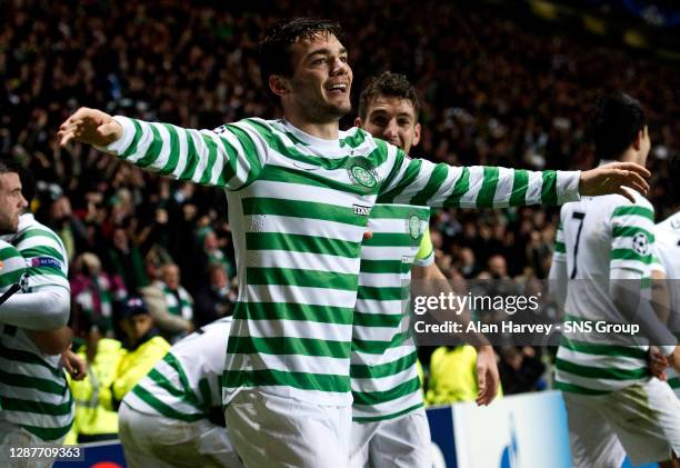 V BARCELONA .CELTIC PARK - GLASGOW.Celtic's Tony Watt celebrates scoring his wonder goal against Barcelona.