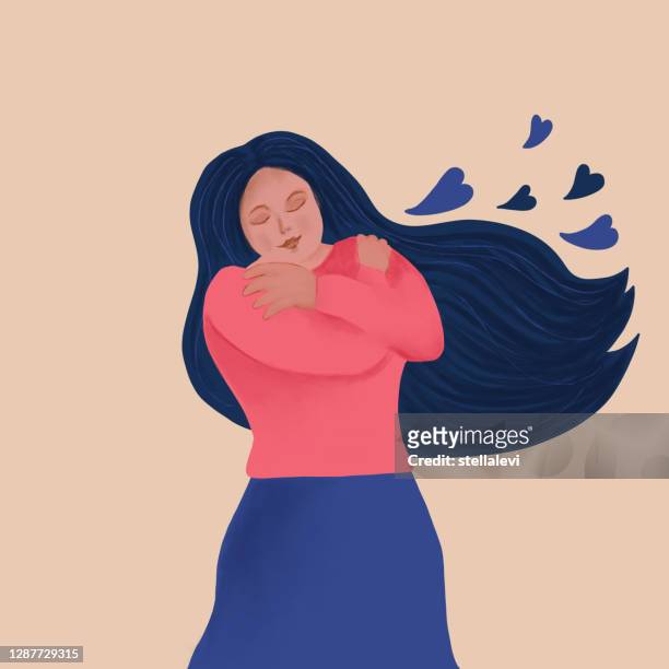 illustrazioni stock, clip art, cartoni animati e icone di tendenza di self hug - donna che si abbraccia - abbracciare una persona