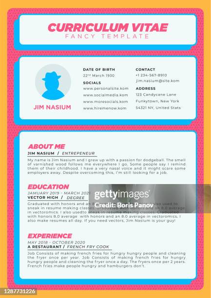modern and vibrant resume or curriculum vitae template in creative and unique color block style - cv stock illustrations