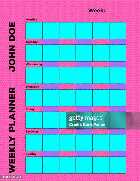 weekly schedule planner or personal organizer calendar template in retro funky turquoise blue and pink neon color block for agenda - color blocking stock illustrations