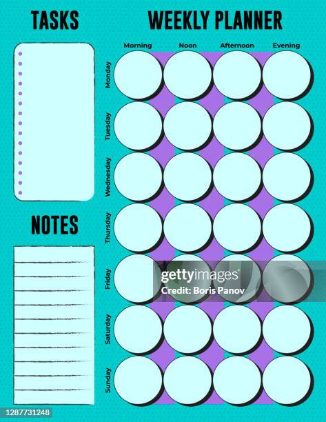 weekly schedule planner or personal organizer template in funky turquoise blue and purple neon colors for agenda - 2016 2021 stock illustrations