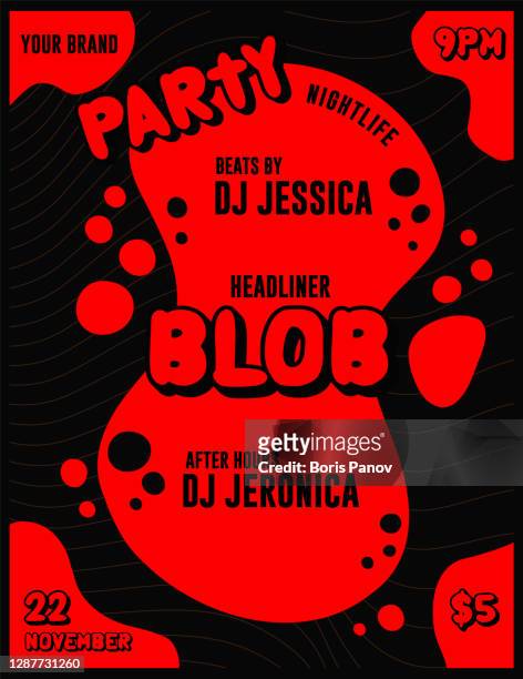 blob nightclub party dj oder musiker lineup event poster und flyer vorlage mit splash von rot auf schwarzem hintergrund - flyers logo stock-grafiken, -clipart, -cartoons und -symbole