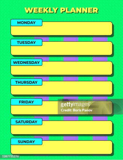 funky color block weekly planner or diary agenda template in bright green yellow and purple - week schedule stock illustrations