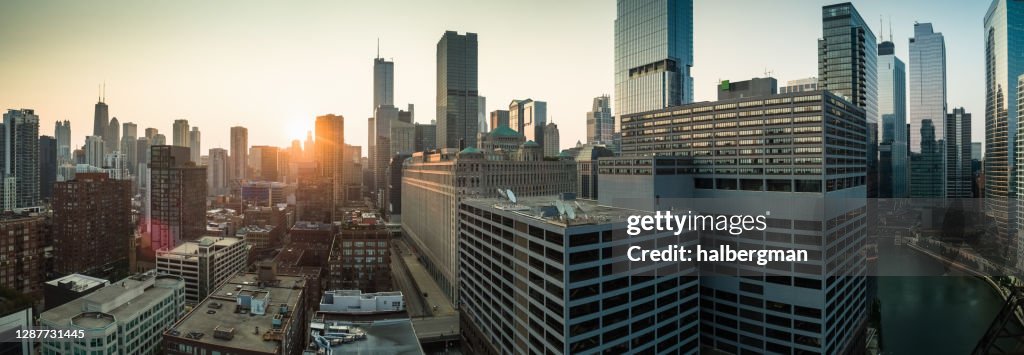Sunrise in Chicago - Aerial Panorama