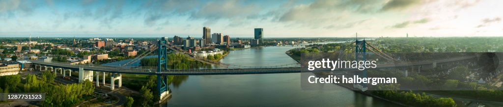 Anthony Wayne Bridge Stretching Across Maumee River in Toledo, Ohio - Aerial Panorama