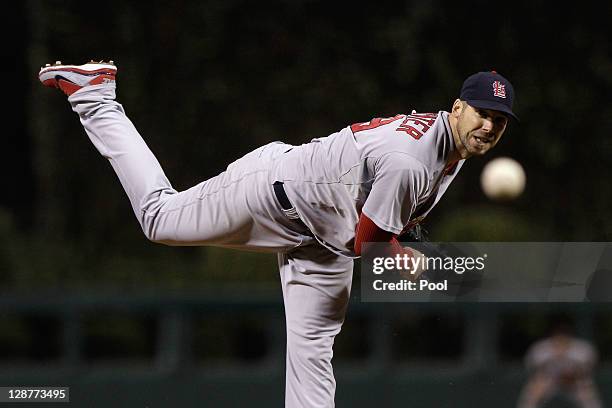 Chris Carpenter of the St. Louis Cardinals throws a pitch against the Philadelphia Phillies during Game Five of the National League Divisional Series...