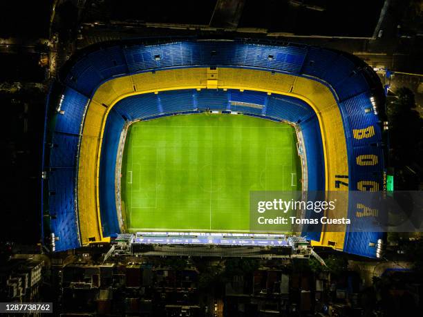 Aerial view of La Bombonera Stadium as it remains with the lights on as a tribute to Diego Maradona the former football star who died today, at...