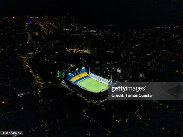 Aerial view of La Bombonera Stadium as it remains with the lights on as a tribute to Diego Maradona the former football star who died today, at...