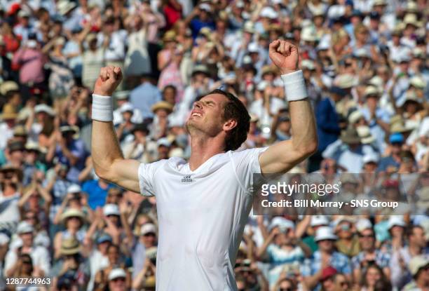 Novak DJOKOVIC Andy MURRAY .WIMBLEDON - LONDON.Sheer delight on the face of Andy Murray after clinching a straight sets victory over Novak Djokovic...