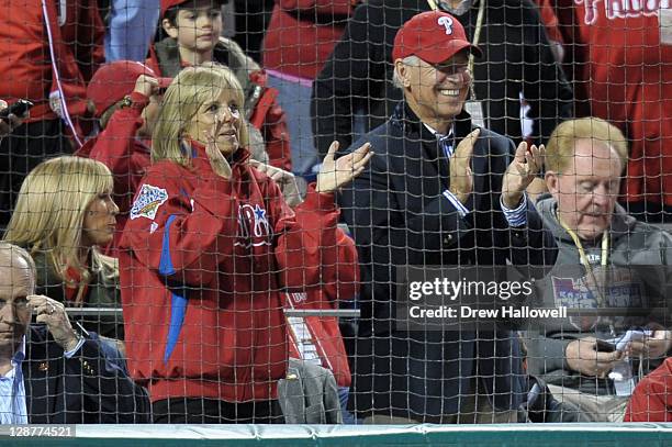 Vice President Joe Biden and his wife Jill watch the Philadelphia Phillies host the St. Louis Cardinals during Game Five of the National League...