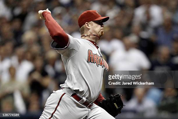 Putz of the Arizona Diamondbacks on the mound in the 10th inning against the Milwaukee Brewers in Game Five of the National League Division Series at...