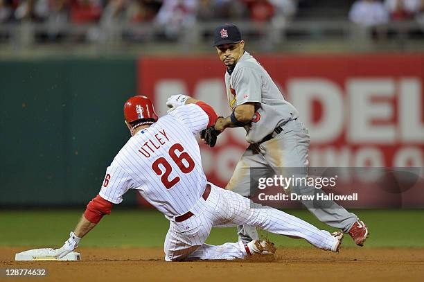 Chase Utley of the Philadelphia Phillies is fordced out at second base by Rafael Furcal of the St. Louis Cardinals on a fielder's choice hit by...