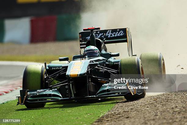 Heikki Kovalainen of Finland and Team Lotus drives off course during the final practice session prior to qualifying for the Japanese Formula One...
