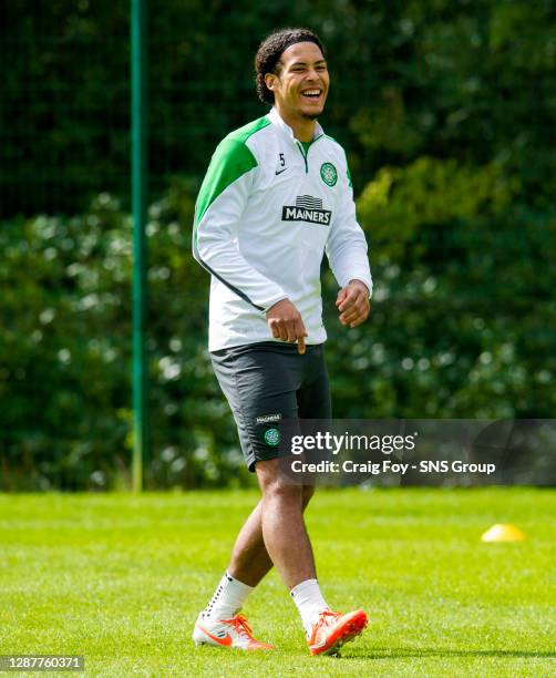 Smiling Virgil van Dijk enjoys a joke during training as the Celtic players prepare for the trip to face St Johnstone in the Scottish Premiership