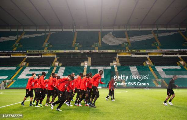 The Rennes squad are put through their paces in an empty Celtic Park ahead of a crucial game in the Europa League.