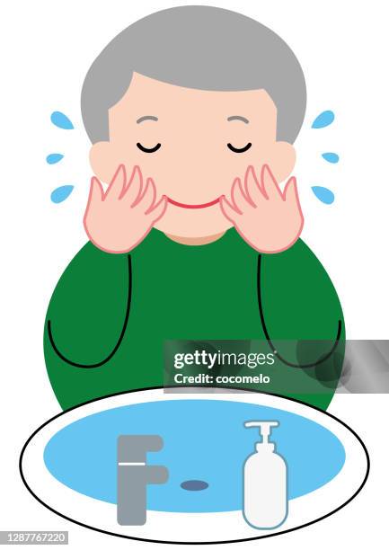 senior man washing face. - washing face stock illustrations