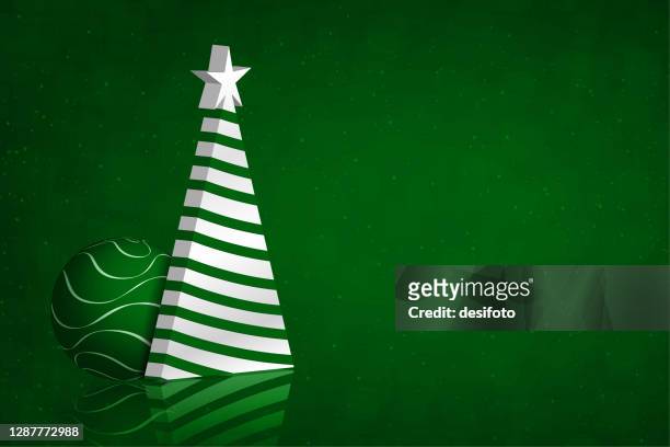 one there dimensional striped white coloured triangle shaped christmas tree, a bauble and a star over a dark emerald green color glittering xmas backgrounds with the star at the top of the tree - christmas background green stock illustrations