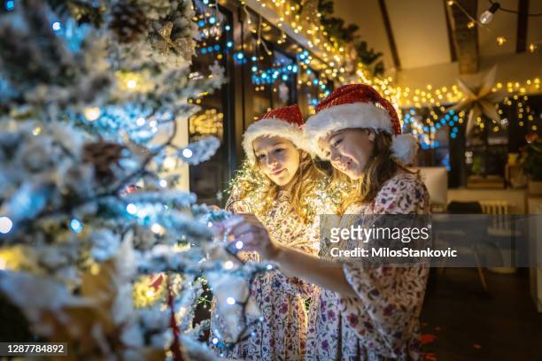 girls decorating christmas tree - hanging christmas lights stock pictures, royalty-free photos & images