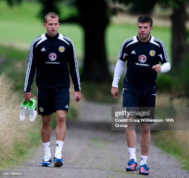 Blackburn team mates Jordan Rhodes and Grant Hanley arrive for Scotland training ahead of the FIFA World Cup 2014 Qualifying double header against...