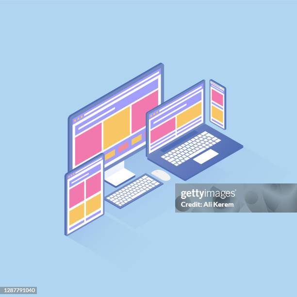 responsive design in isometric vector illustration - responsive web design stock illustrations