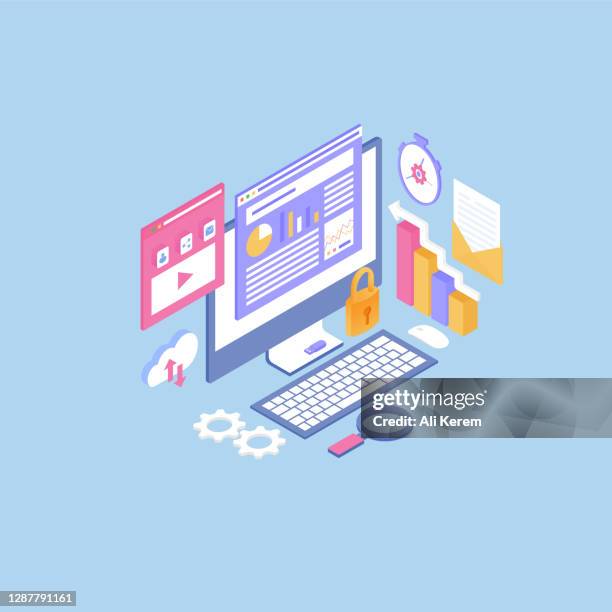 search engine optimization design in isometric vector illustration - website optimization stock illustrations