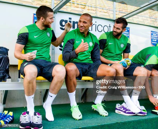 Celtic defender Kelvin Wilson prepares for training with Adam Matthews and Joe Ledley