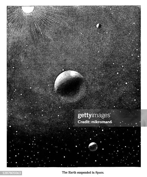 old engraved illustration of astronomy - the earth suspended in space - inscrição imagens e fotografias de stock