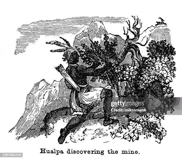 old engraved illustration of diego huallpa discovering the mine of potosi. - bolivia daily life stock pictures, royalty-free photos & images