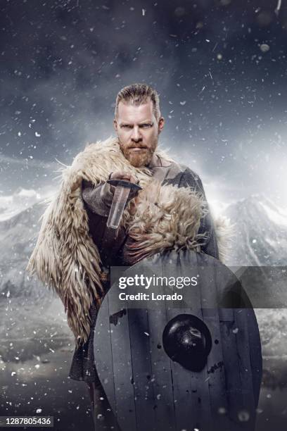 portrait of a snow viking warrior king in the mountains - viking stock pictures, royalty-free photos & images