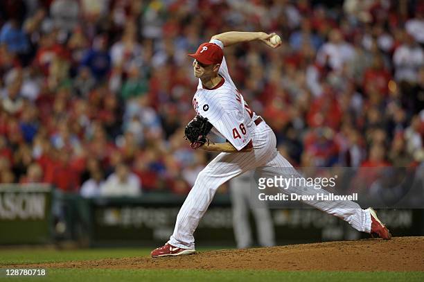Ryan Madson of the Philadelphia Phillies throws a pitch against the St. Louis Cardinals during Game Five of the National League Divisional Series at...