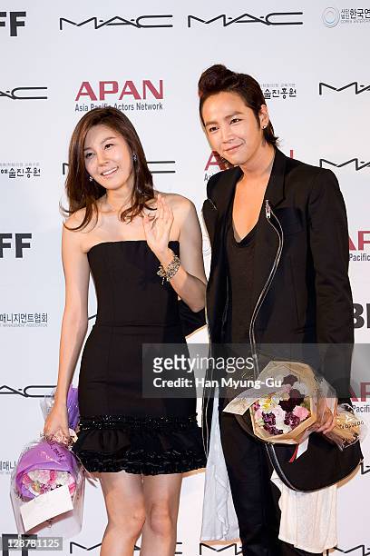 Actors Kim Ha-Neul and Jang Keun-Suk arrive for the Asia Pacific Actors Network Star Road of the 16th Busan International Film Festival at the...