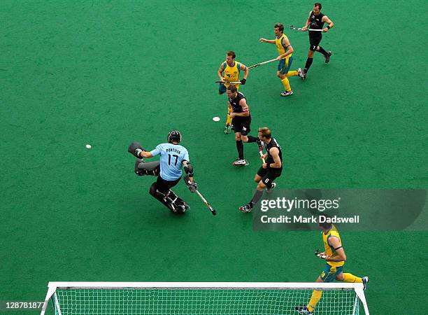 Blacksticks goalkeeper Kyle Pontifex kicks away a shot at goal during the Oceania Cup match between Australia and New Zealand at Hobart Hockey Centre...