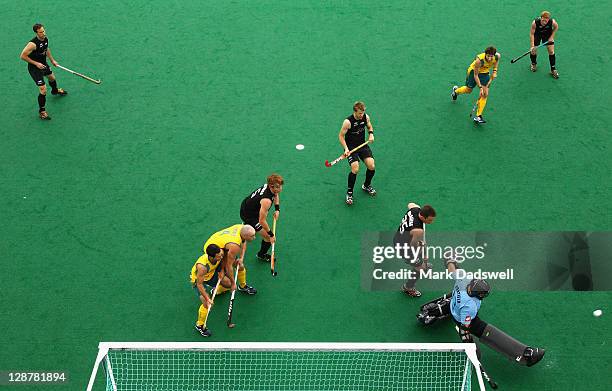 Blacksticks goalkeeper Kyle Pontifex kicks away a shot at goal during the Oceania Cup match between Australia and New Zealand at Hobart Hockey Centre...