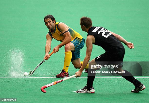 Kiel Brown of the Kookaburras competes with Hugo Inglis of the Blacksticks during the Oceania Cup match between Australia and New Zealand at Hobart...