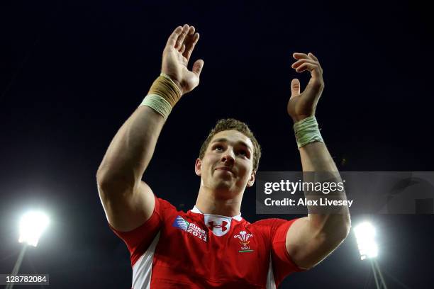 Wing George North of Wales celebrates following his team's 22-10 victory during quarter final one of the 2011 IRB Rugby World Cup between Ireland v...