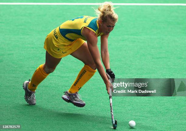 Casey Easthamof the Hockeyroos controls the ball during the Oceania Cup match between New Zealand and Australia at Hobart Hockey Centre on October 8,...