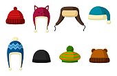 Winter hats set isolated on white background. Knitting headwear and caps for cold weather. Outdoor clothing. Vector illustration