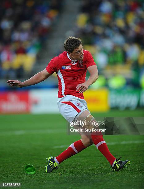 Flyhalf Rhys Priestland of Wales kicks a conversion during quarter final one of the 2011 IRB Rugby World Cup between Ireland v Wales at Wellington...