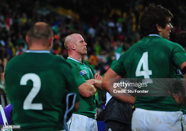 Paul O'Connell of Ireland looks on dejected after the quarter final one of the 2011 IRB Rugby World Cup between Ireland v Wales at Wellington...