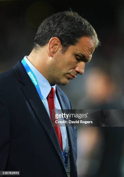 Martin Johnson, manager of England looks down prior to quarter final two of the 2011 IRB Rugby World Cup between England and France at Eden Park on...