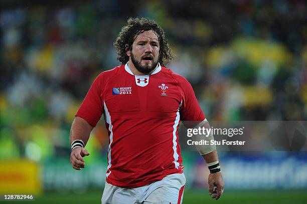 Adam Jones of Wales looks on during quarter final one of the 2011 IRB Rugby World Cup between Ireland v Wales at Wellington Regional Stadium on...