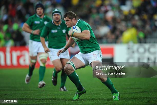 Jamie Heaslip of Ireland makes a run during quarter final one of the 2011 IRB Rugby World Cup between Ireland v Wales at Wellington Regional Stadium...