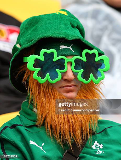 An Ireland fan enjoys the atmosphere during quarter final one of the 2011 IRB Rugby World Cup between Ireland v Wales at Wellington Regional Stadium...