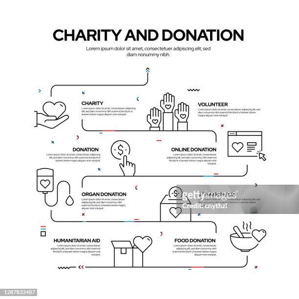 illustrazioni stock, clip art, cartoni animati e icone di tendenza di progettazione infografica del processo relativo alla beneficenza e alla donazione, illustrazione vettoriale in stile lineare - organizzazione no profit