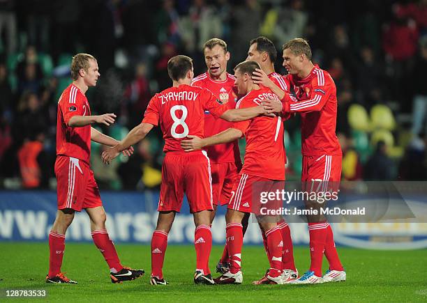 Players of Russia celebrate victory during the EURO 2012, Group B qualifier between Slovakia and Russia at the MSK Zilina stadium on October 7, 2011...