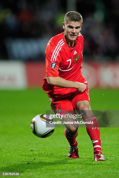 Igor Denisov of Russia in action during the EURO 2012, Group B qualifier between Slovakia and Russia at the MSK Zilina stadium on October 7, 2011 in...